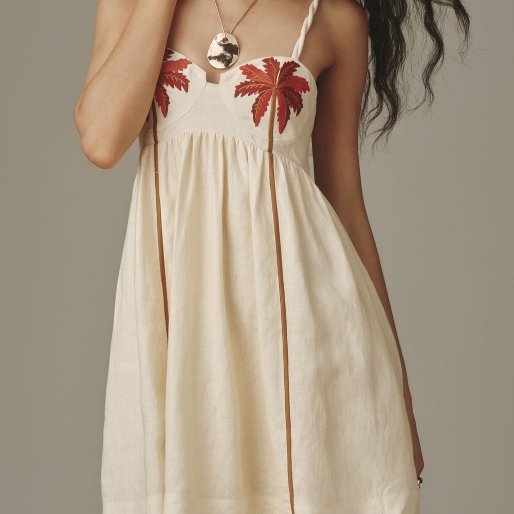 NWT Farm Rio Babydoll Palm Tree Mini Linen Cream Dress M - Picture 4 of 9